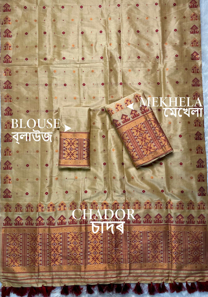 Ready-To-Wear Fixed Pari Miri Bhagalpuri Art Toss* Mekhela Sador