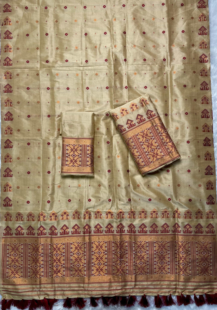 Ready-To-Wear Fixed Pari Miri Bhagalpuri Art Toss* Mekhela Sador