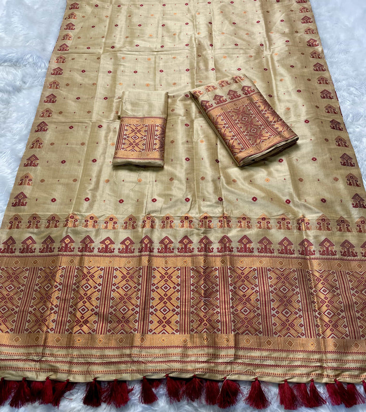 Ready-To-Wear Fixed Pari Miri Bhagalpuri Art Toss* Mekhela Sador