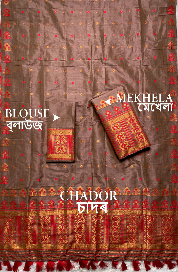 Ready-To-Wear Fixed Pari Miri Bhagalpuri Art Toss* Mekhela Sador