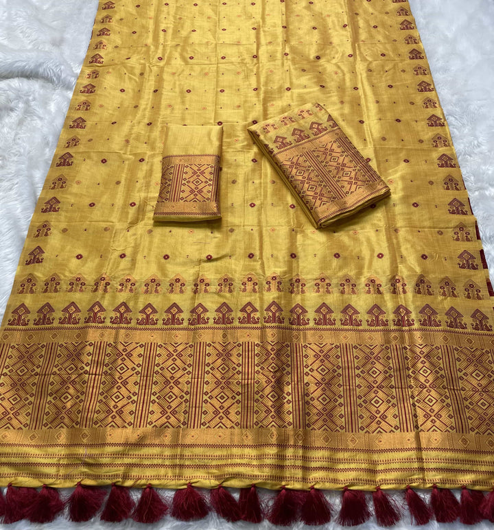 Ready-To-Wear Fixed Pari Miri Bhagalpuri Art Toss* Mekhela Sador