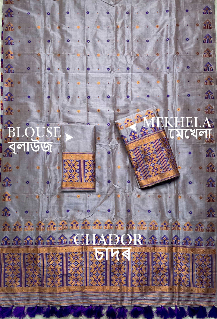 Ready-To-Wear Fixed Pari Miri Bhagalpuri Art Toss* Mekhela Sador