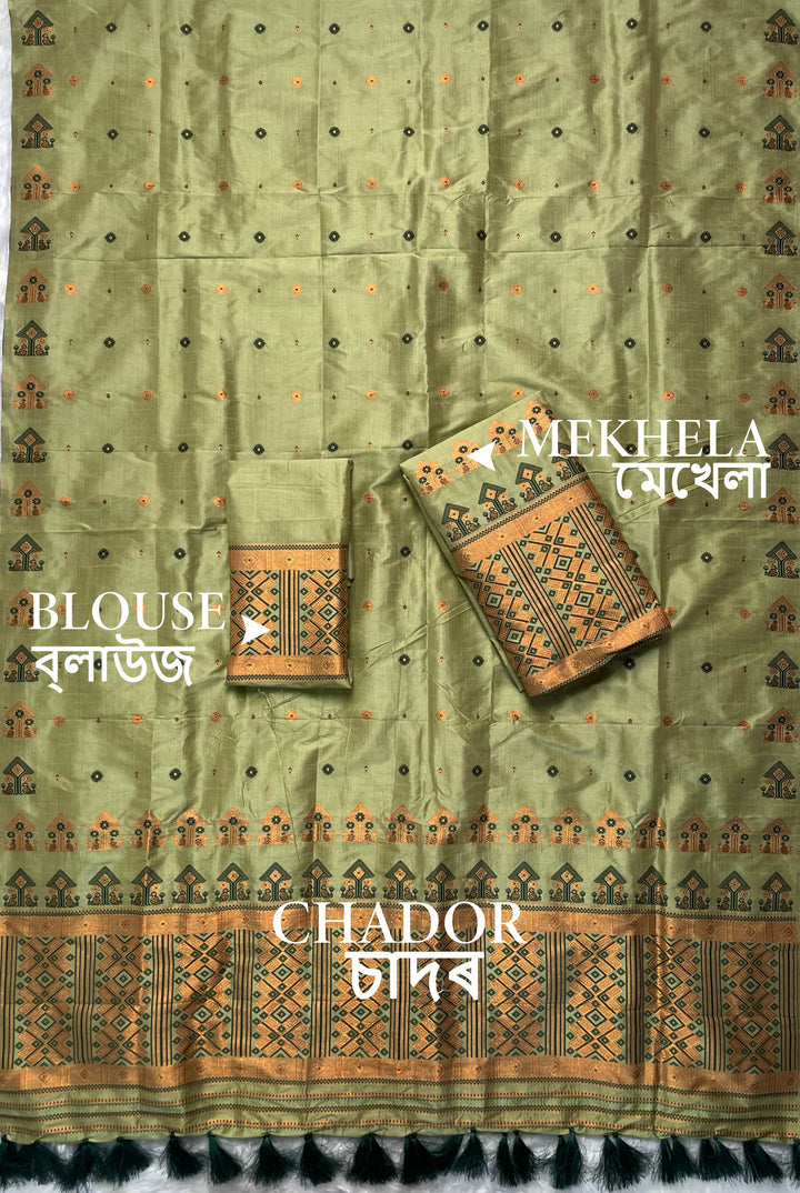 Ready-To-Wear Fixed Pari Miri Bhagalpuri Art Toss* Mekhela Sador