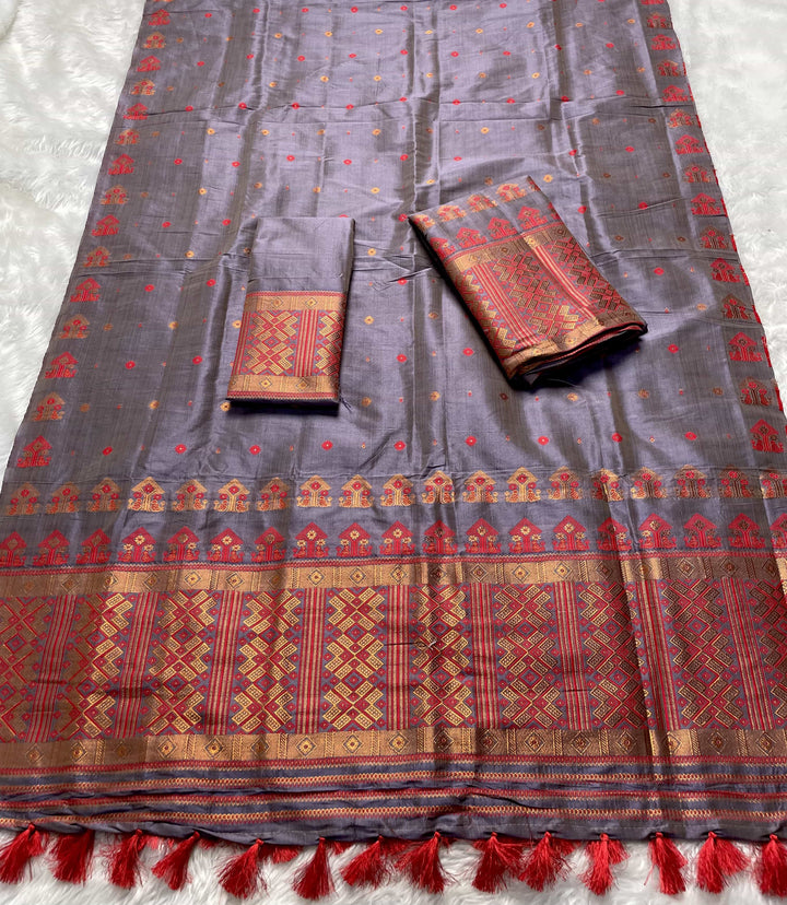 Ready-To-Wear Fixed Pari Miri Bhagalpuri Art Toss* Mekhela Sador