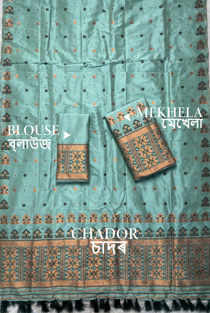 Ready-To-Wear Fixed Pari Miri Bhagalpuri Art Toss* Mekhela Sador