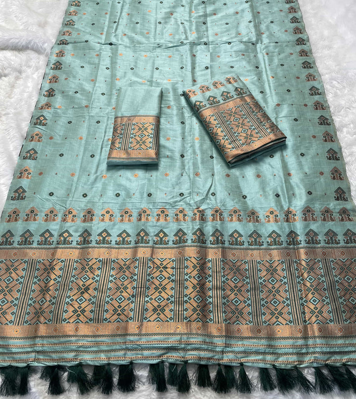 Ready-To-Wear Fixed Pari Miri Bhagalpuri Art Toss* Mekhela Sador