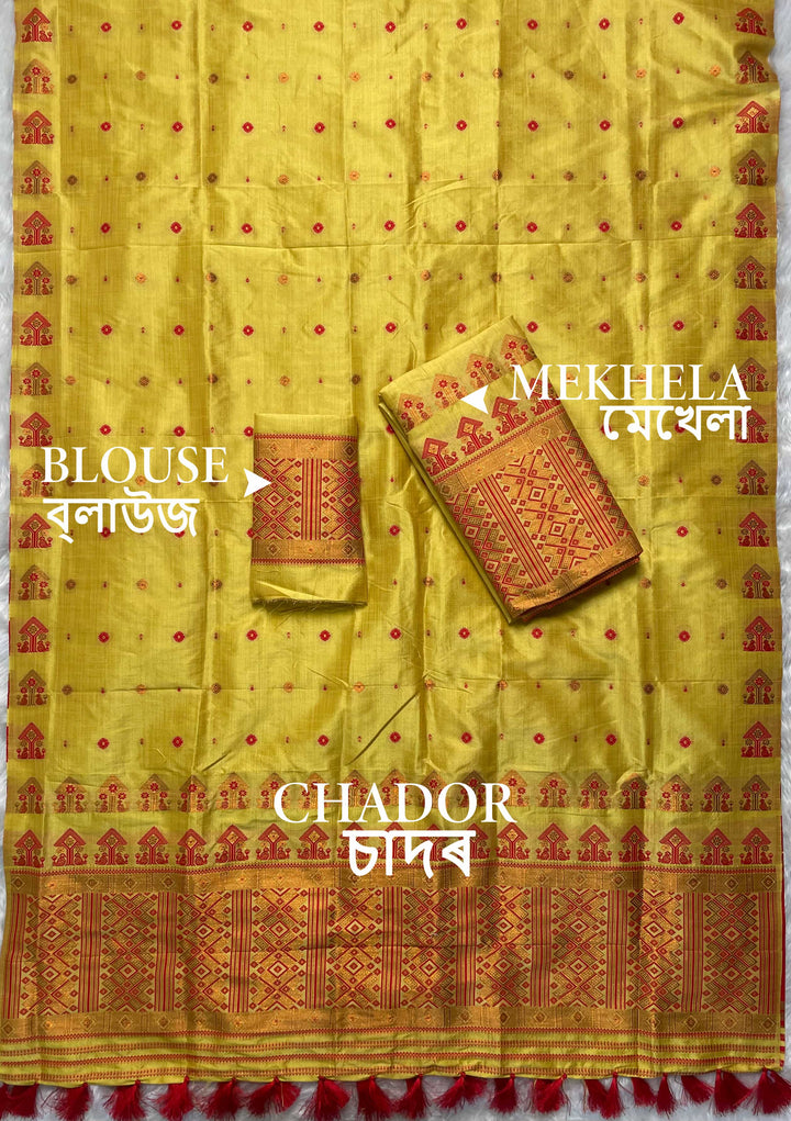 Ready-To-Wear Fixed Pari Miri Bhagalpuri Art Toss* Mekhela Sador