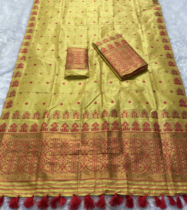 Ready-To-Wear Fixed Pari Miri Bhagalpuri Art Toss* Mekhela Sador