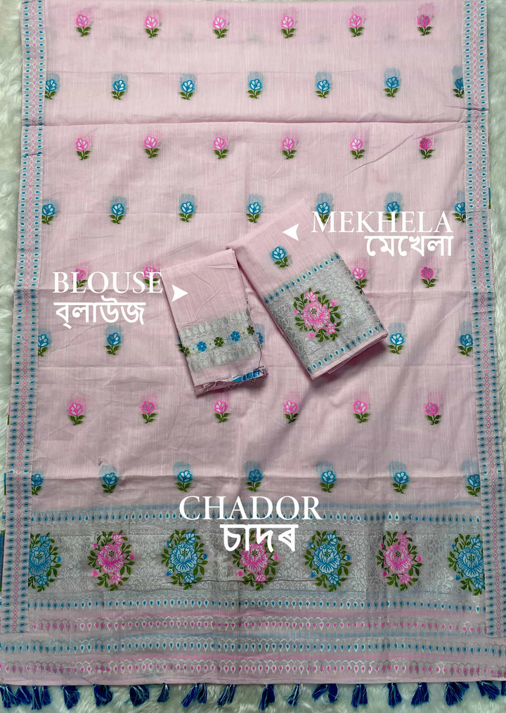 Ready-To-Wear Silver Jari & Dhaga Weaving Work Kesa Cotton* Mekhela Sador
