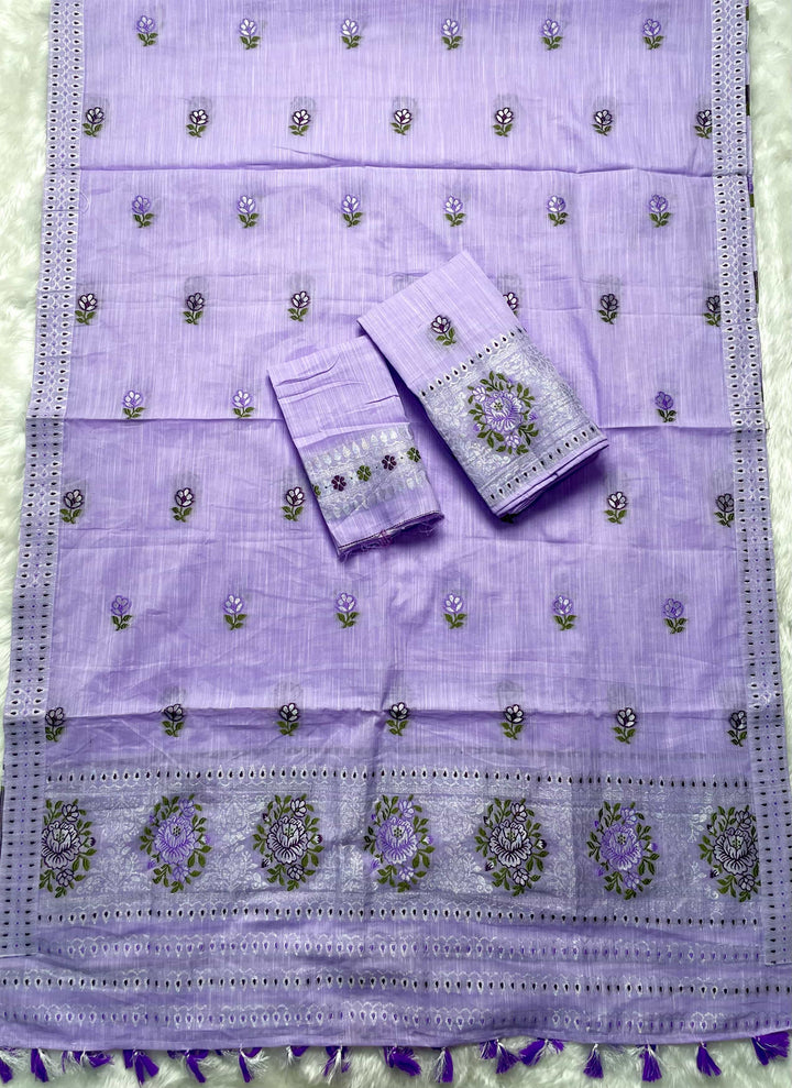 Ready-To-Wear Silver Jari & Dhaga Weaving Work Kesa Cotton* Mekhela Sador