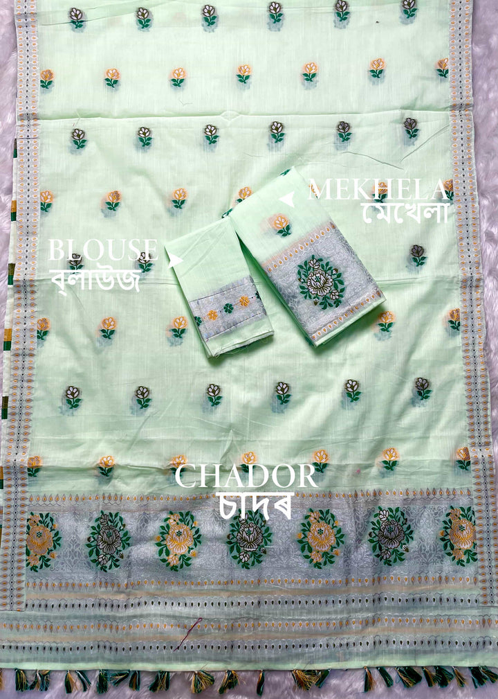 Ready-To-Wear Silver Jari & Dhaga Weaving Work Kesa Cotton* Mekhela Sador