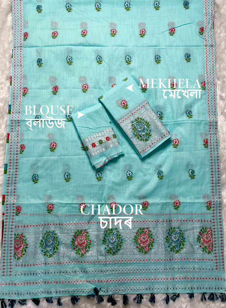 Ready-To-Wear Silver Jari & Dhaga Weaving Work Kesa Cotton* Mekhela Sador