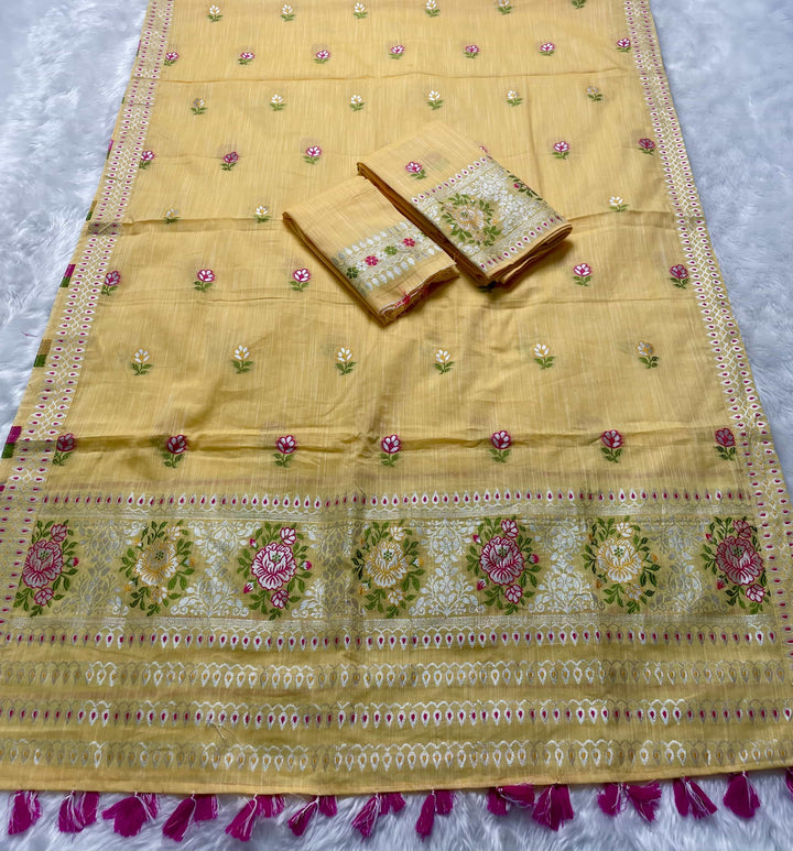Ready-To-Wear Silver Jari & Dhaga Weaving Work Kesa Cotton* Mekhela Sador