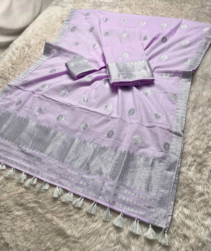Ready-To-Wear Silver Jari Weaving Work Kesa Cotton* Mekhela Sador