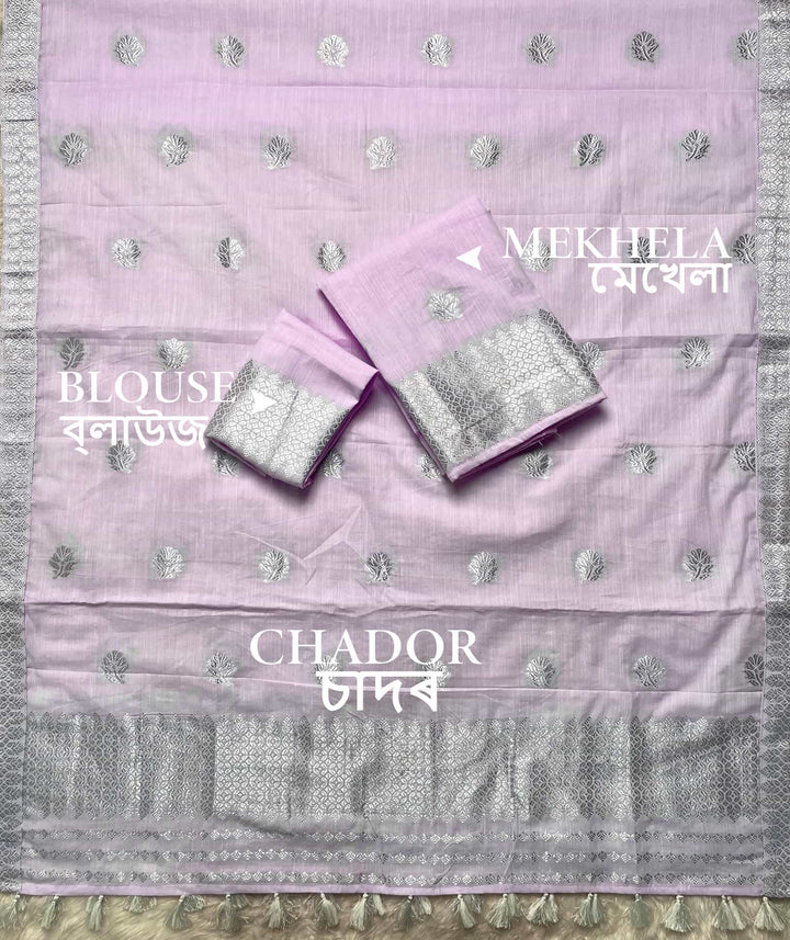Ready-To-Wear Silver Jari Weaving Work Kesa Cotton* Mekhela Sador