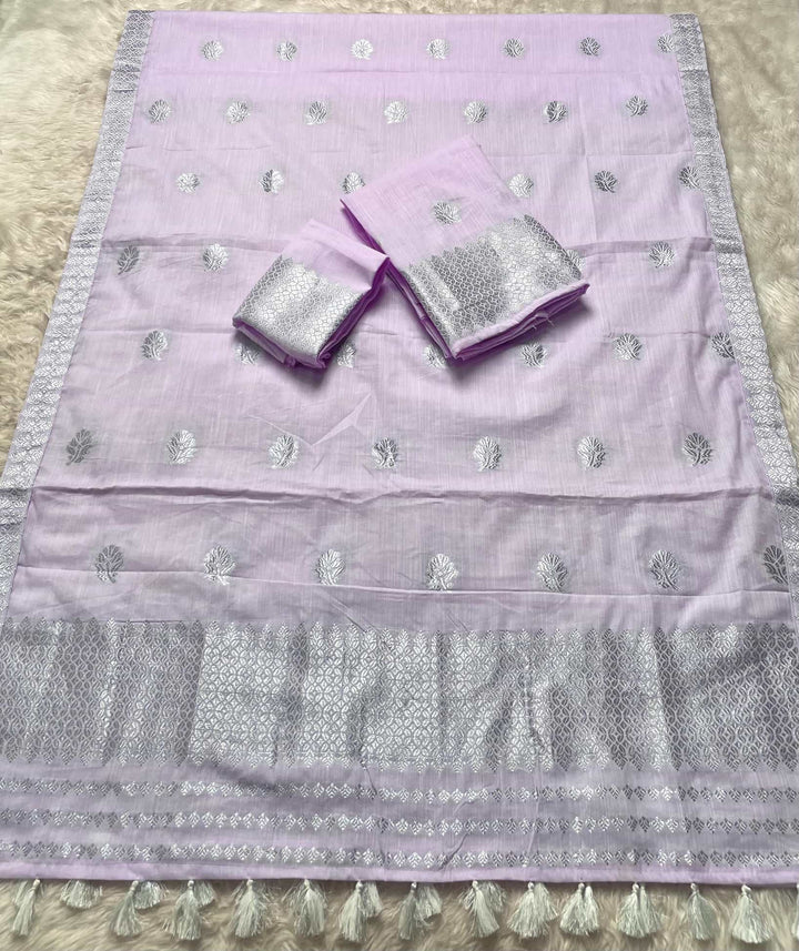 Ready-To-Wear Silver Jari Weaving Work Kesa Cotton* Mekhela Sador