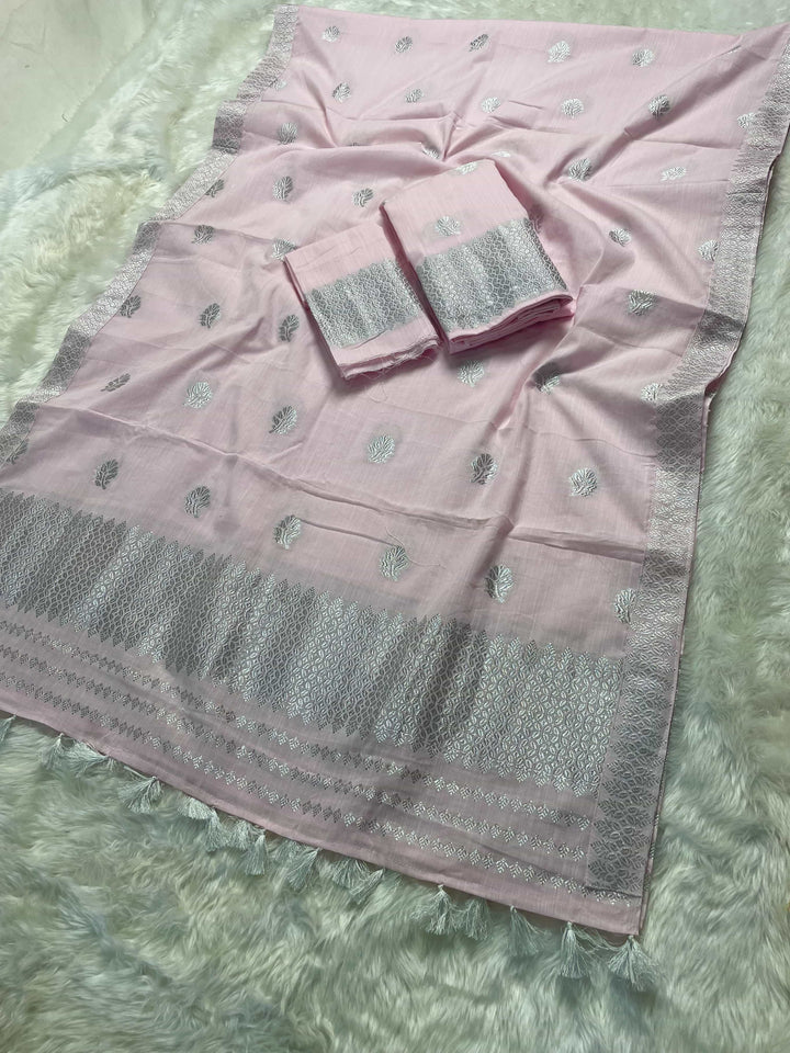 Ready-To-Wear Silver Jari Weaving Work Kesa Cotton* Mekhela Sador