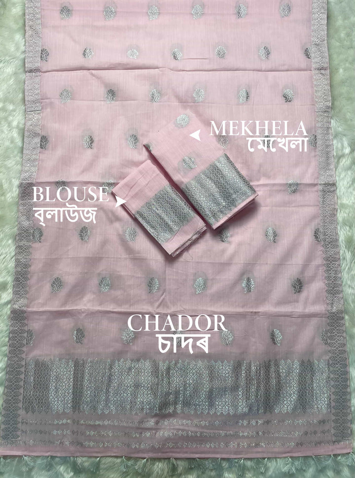 Ready-To-Wear Silver Jari Weaving Work Kesa Cotton* Mekhela Sador