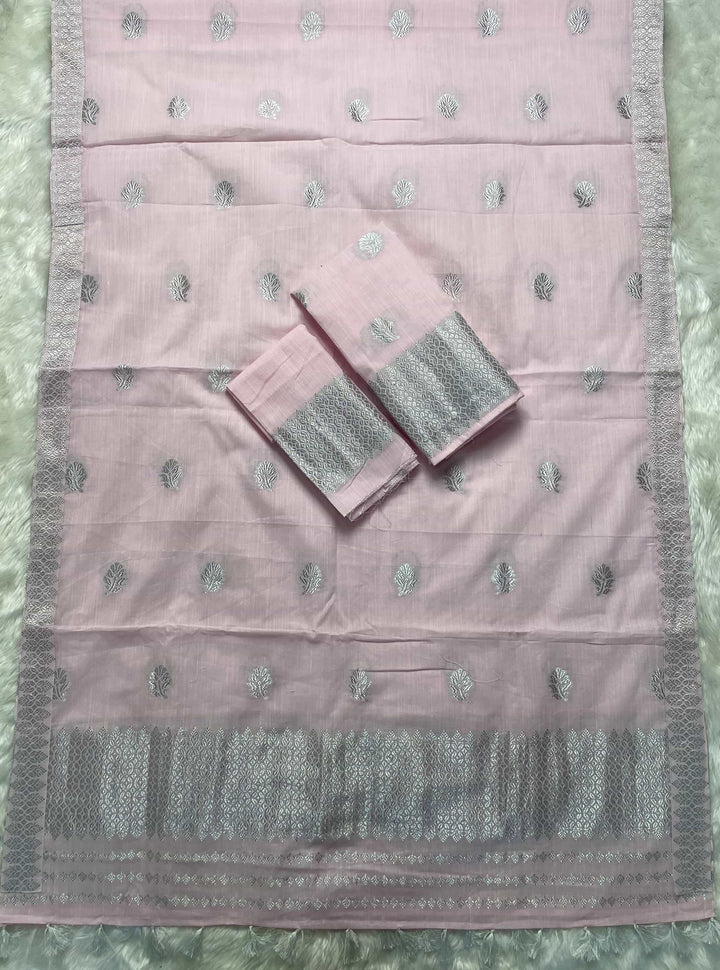 Ready-To-Wear Silver Jari Weaving Work Kesa Cotton* Mekhela Sador