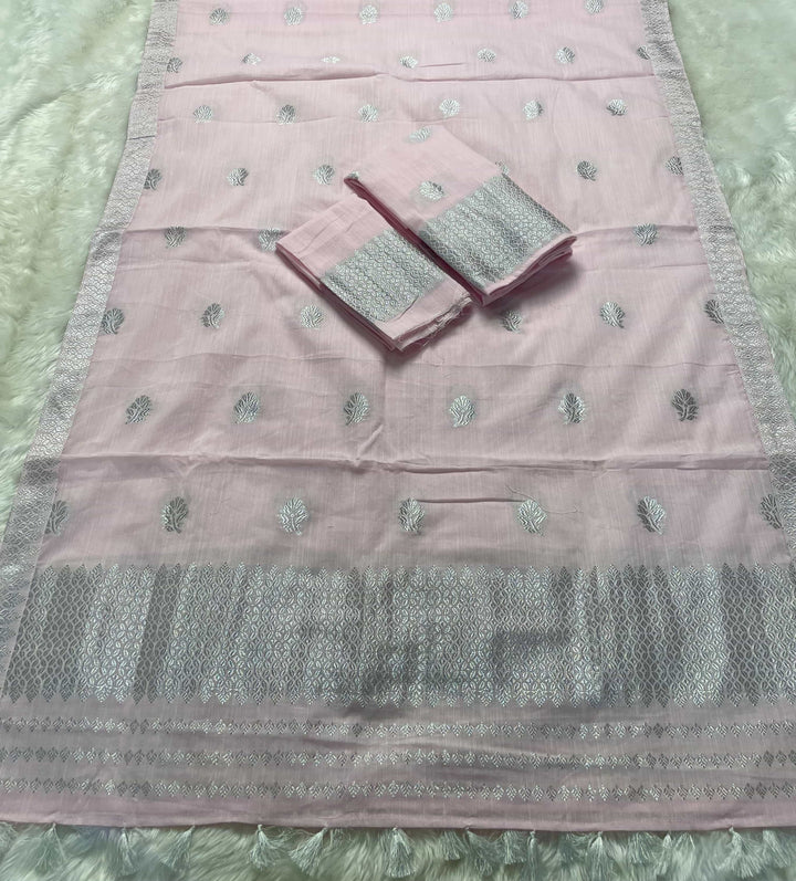 Ready-To-Wear Silver Jari Weaving Work Kesa Cotton* Mekhela Sador