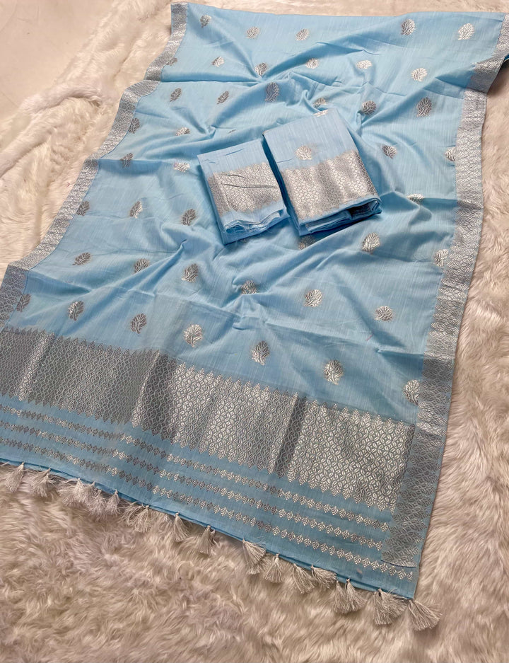 Ready-To-Wear Silver Jari Weaving Work Kesa Cotton* Mekhela Sador