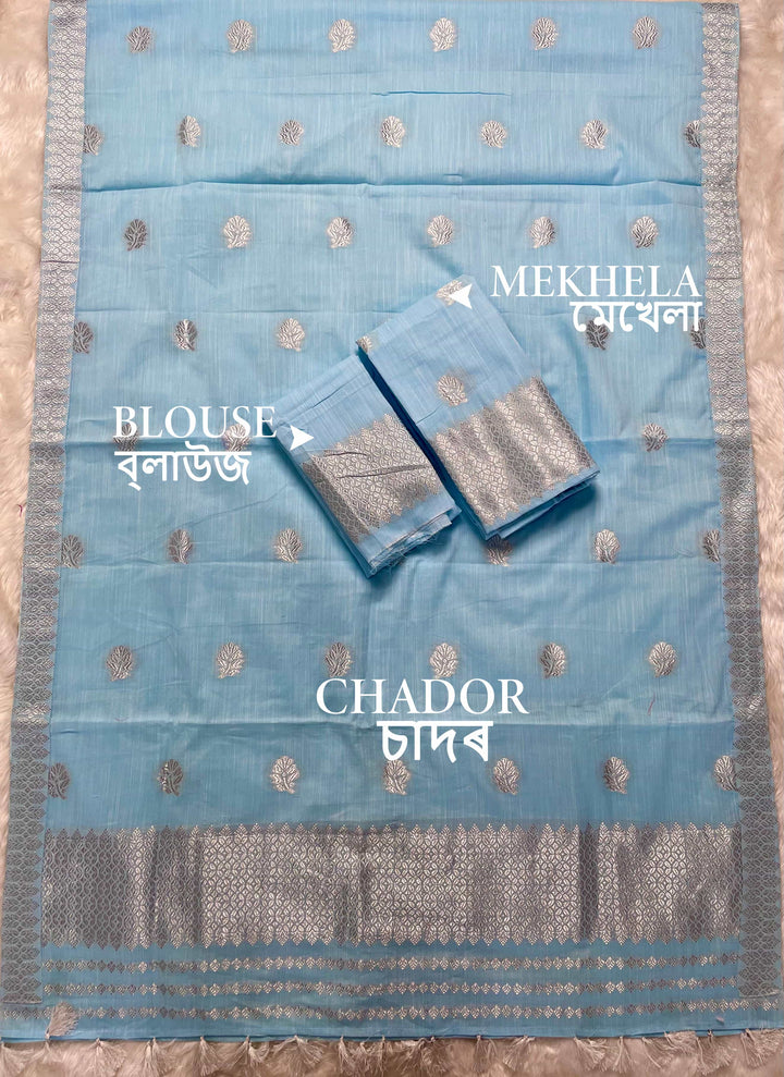 Ready-To-Wear Silver Jari Weaving Work Kesa Cotton* Mekhela Sador