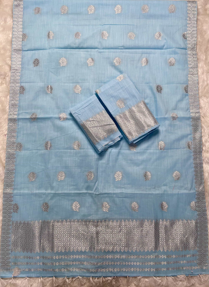 Ready-To-Wear Silver Jari Weaving Work Kesa Cotton* Mekhela Sador
