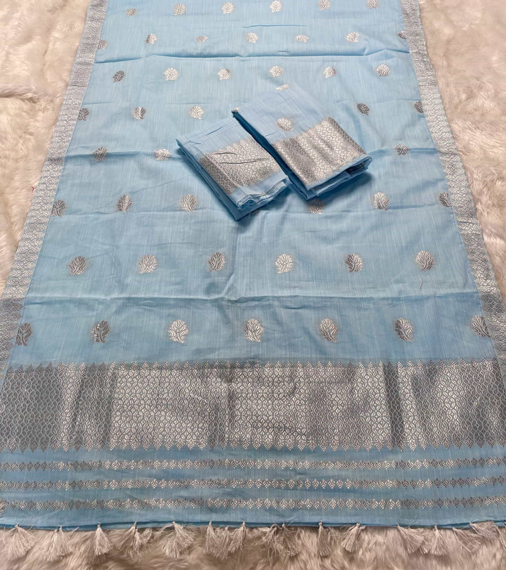 Ready-To-Wear Silver Jari Weaving Work Kesa Cotton* Mekhela Sador