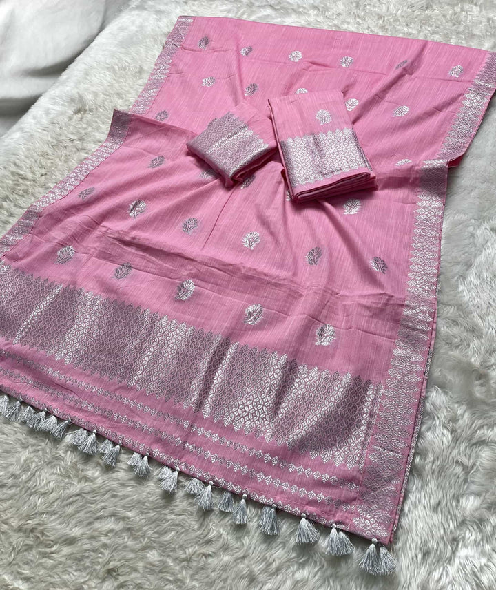 Ready-To-Wear Silver Jari Weaving Work Kesa Cotton* Mekhela Sador
