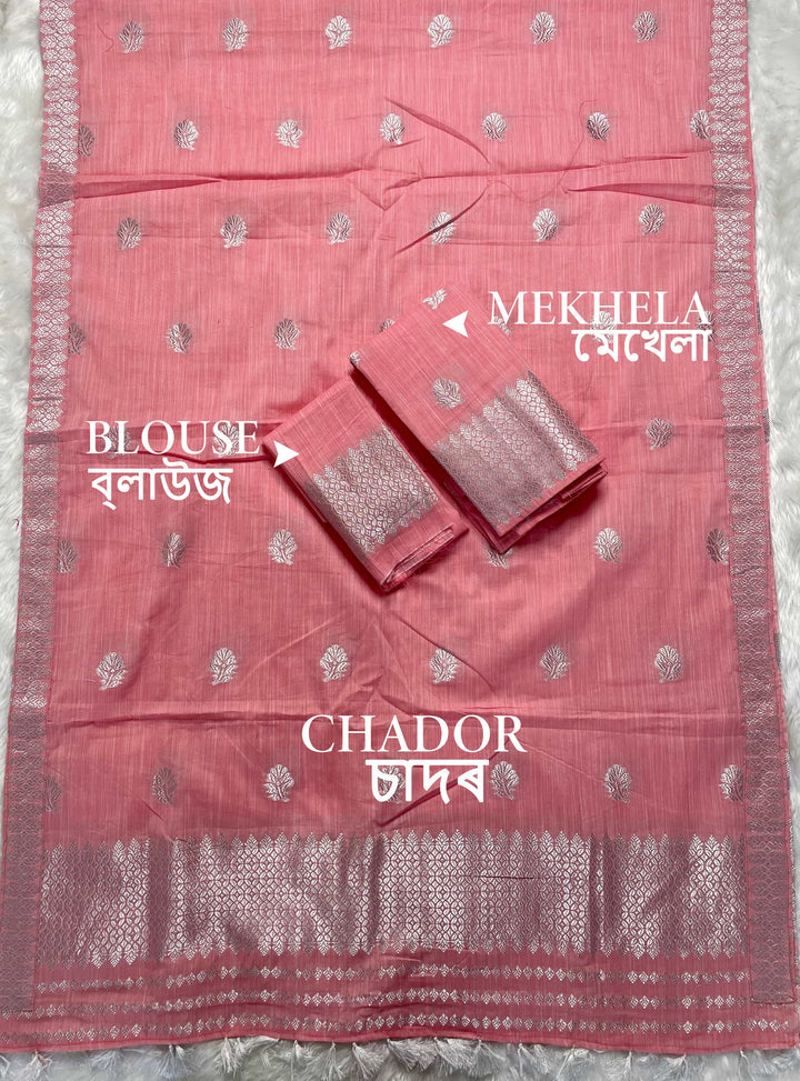 Ready-To-Wear Silver Jari Weaving Work Kesa Cotton* Mekhela Sador