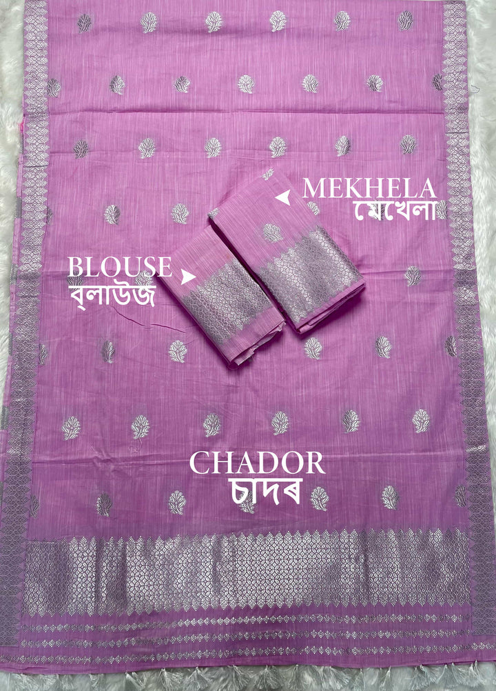 Ready-To-Wear Silver Jari Weaving Work Kesa Cotton* Mekhela Sador