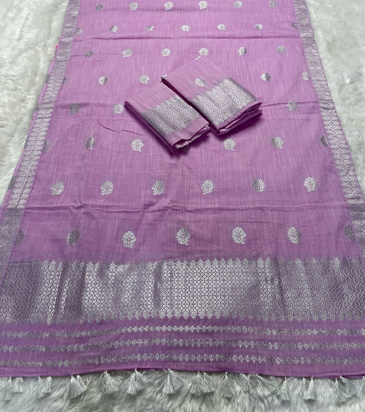 Ready-To-Wear Silver Jari Weaving Work Kesa Cotton* Mekhela Sador