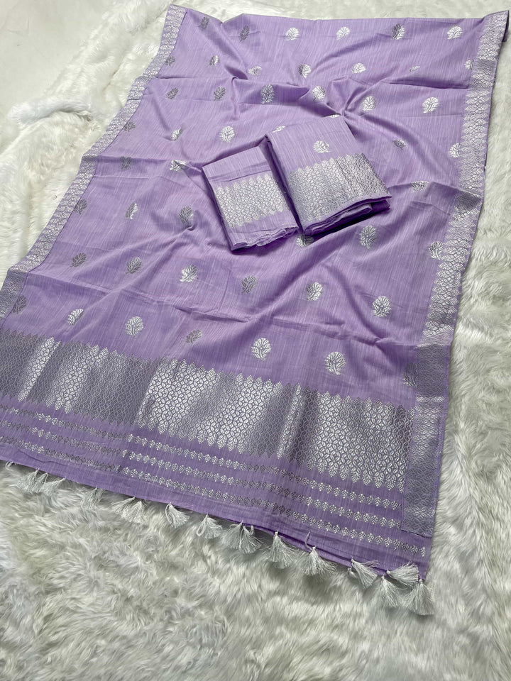 Ready-To-Wear Silver Jari Weaving Work Kesa Cotton* Mekhela Sador