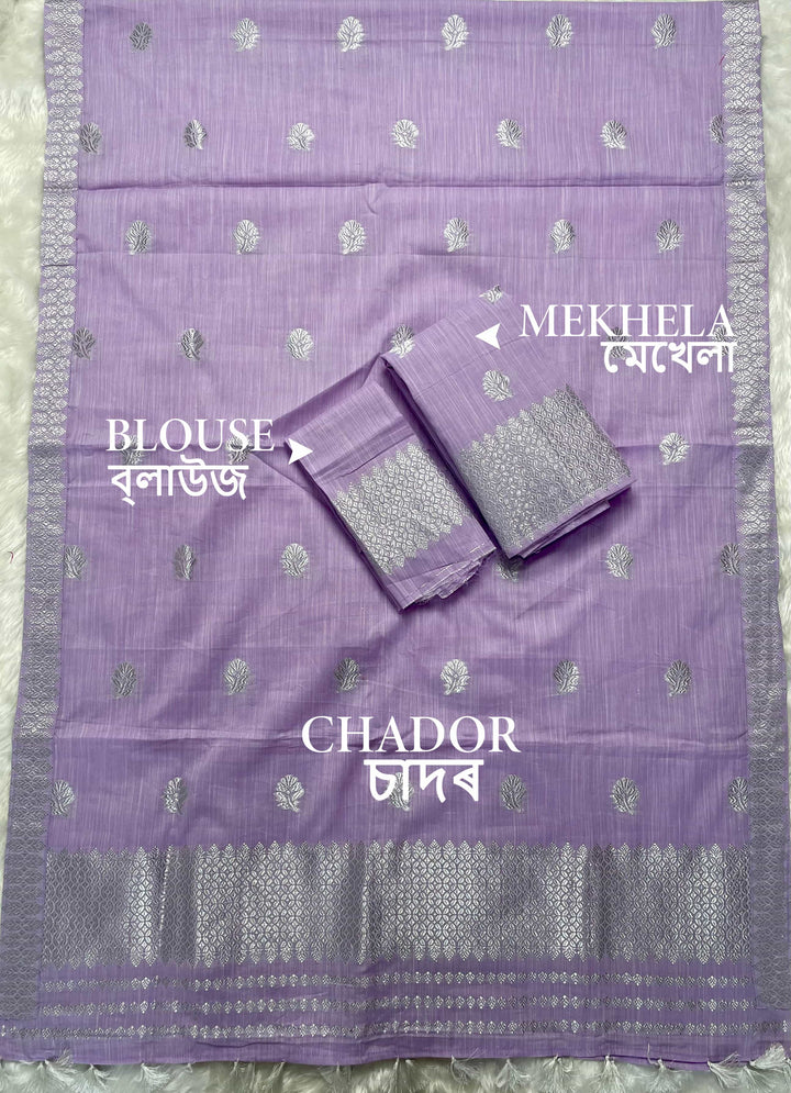 Ready-To-Wear Silver Jari Weaving Work Kesa Cotton* Mekhela Sador