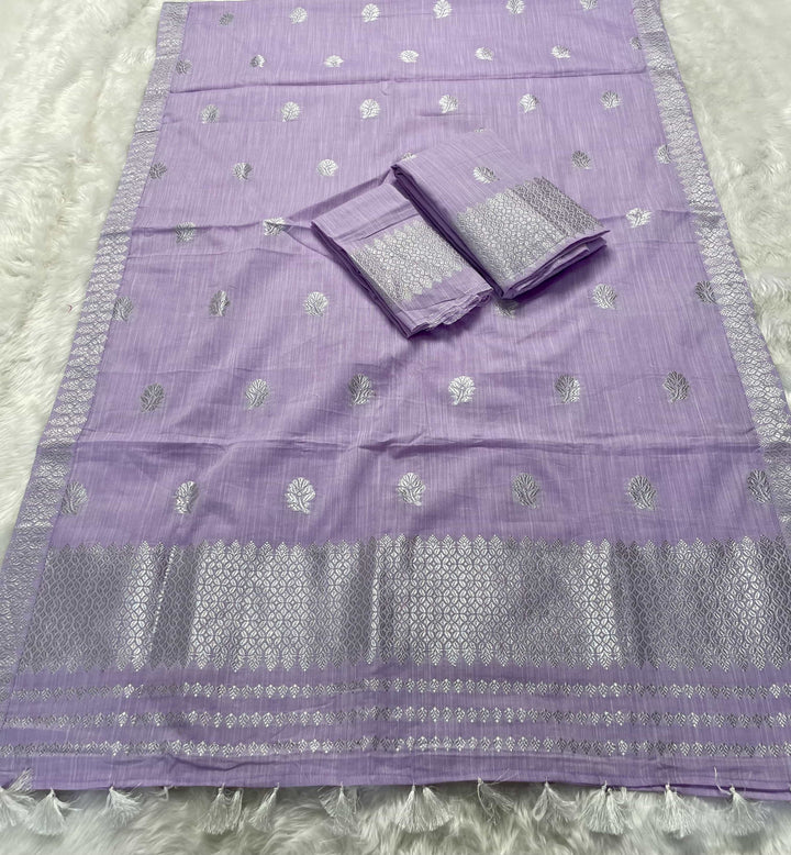 Ready-To-Wear Silver Jari Weaving Work Kesa Cotton* Mekhela Sador