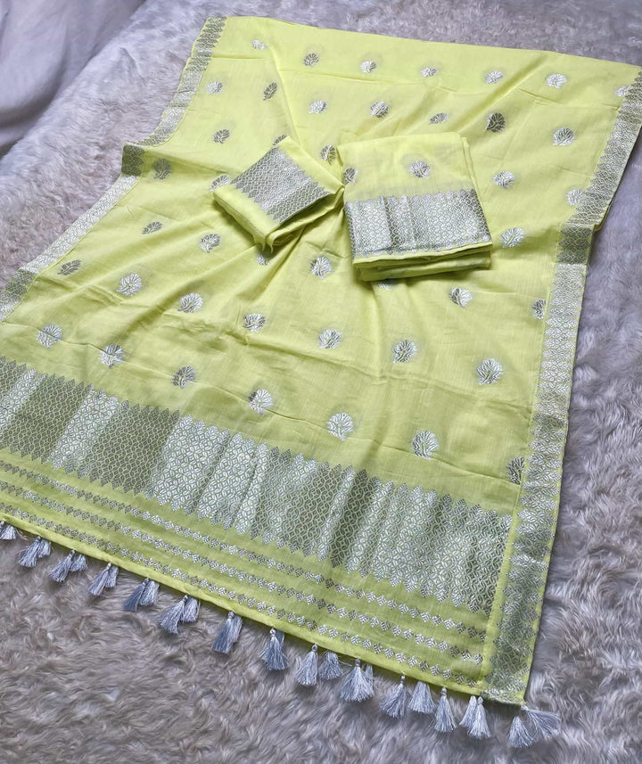 Ready-To-Wear Silver Jari Weaving Work Kesa Cotton* Mekhela Sador