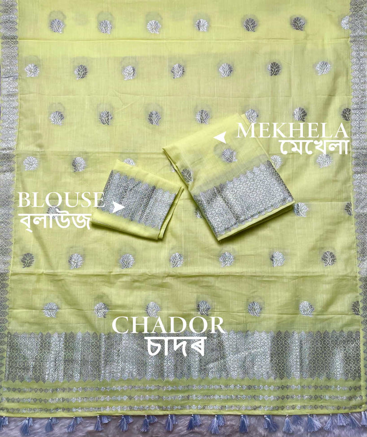 Ready-To-Wear Silver Jari Weaving Work Kesa Cotton* Mekhela Sador