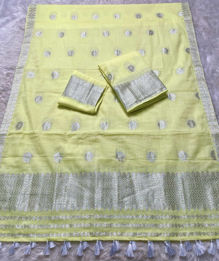 Ready-To-Wear Silver Jari Weaving Work Kesa Cotton* Mekhela Sador