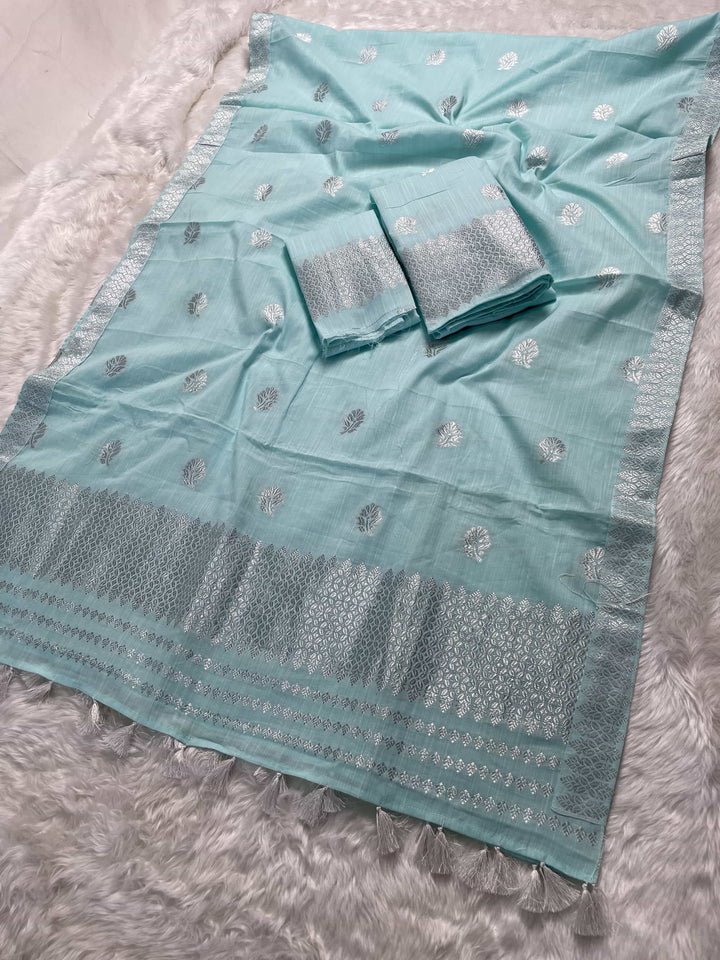 Ready-To-Wear Silver Jari Weaving Work Kesa Cotton* Mekhela Sador