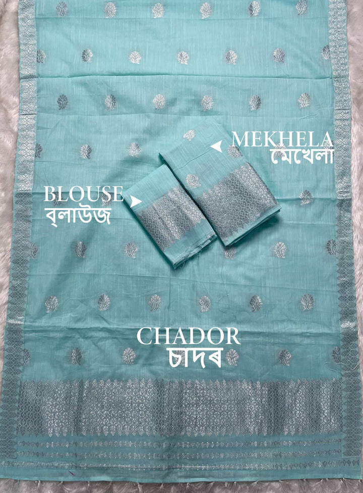 Ready-To-Wear Silver Jari Weaving Work Kesa Cotton* Mekhela Sador
