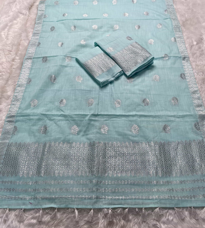 Ready-To-Wear Silver Jari Weaving Work Kesa Cotton* Mekhela Sador