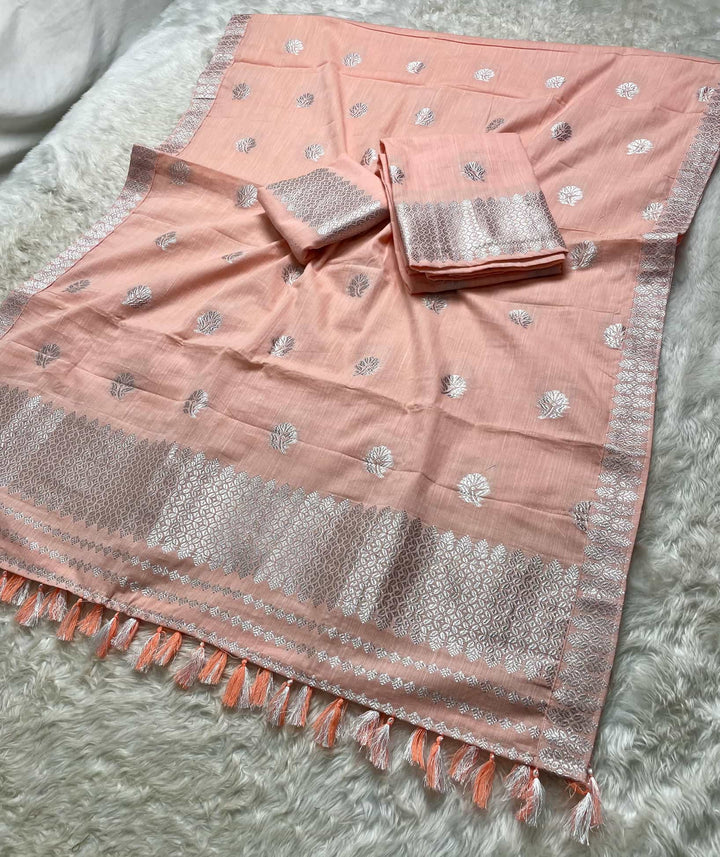 Ready-To-Wear Silver Jari Weaving Work Kesa Cotton* Mekhela Sador