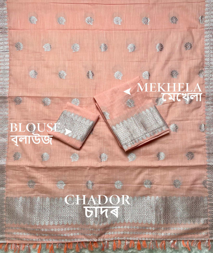 Ready-To-Wear Silver Jari Weaving Work Kesa Cotton* Mekhela Sador