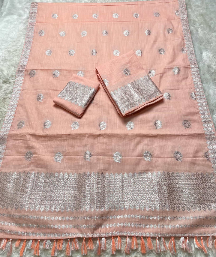 Ready-To-Wear Silver Jari Weaving Work Kesa Cotton* Mekhela Sador