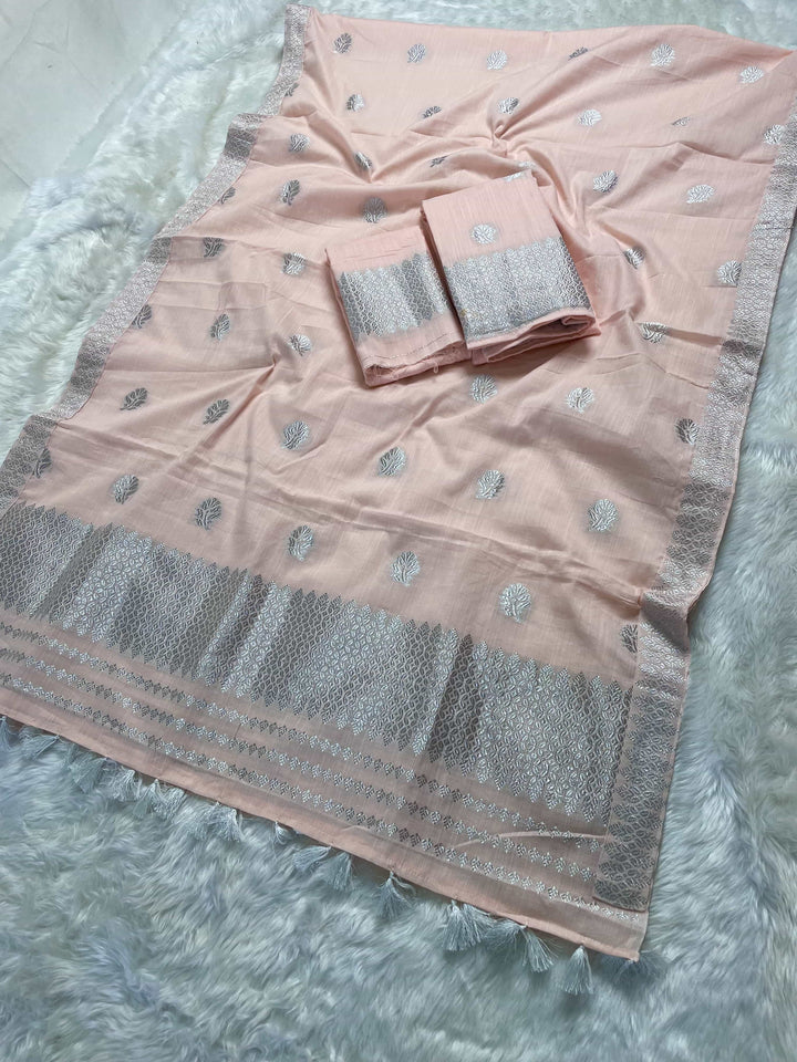 Ready-To-Wear Silver Jari Weaving Work Kesa Cotton* Mekhela Sador