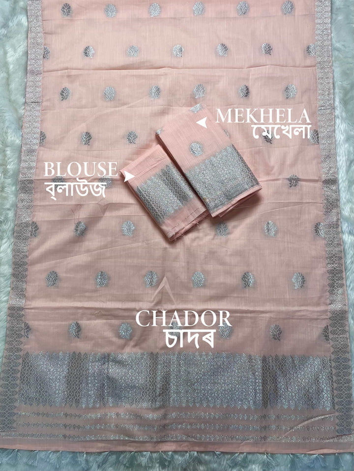 Ready-To-Wear Silver Jari Weaving Work Kesa Cotton* Mekhela Sador