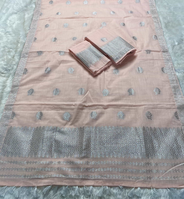Ready-To-Wear Silver Jari Weaving Work Kesa Cotton* Mekhela Sador