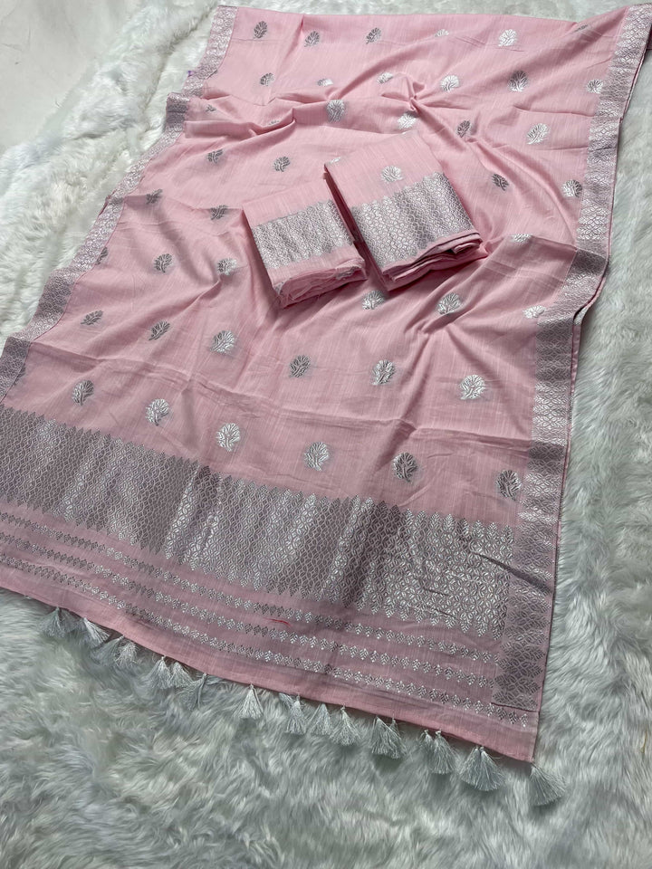 Ready-To-Wear Silver Jari Weaving Work Kesa Cotton* Mekhela Sador