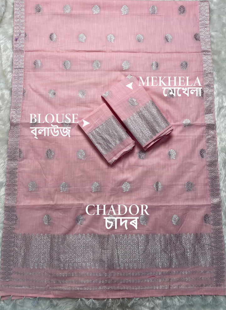 Ready-To-Wear Silver Jari Weaving Work Kesa Cotton* Mekhela Sador