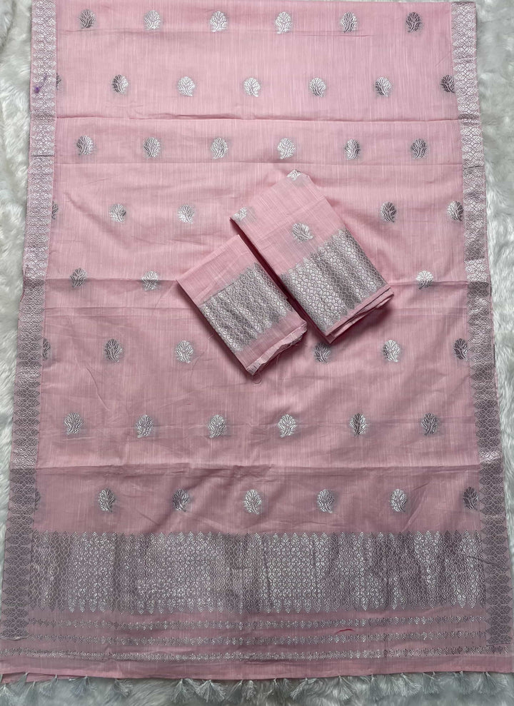 Ready-To-Wear Silver Jari Weaving Work Kesa Cotton* Mekhela Sador